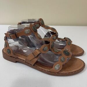 Schutz Sandals Womens 10B Aletta Brown‎ Leather Studded Strappy Gladiator Flats